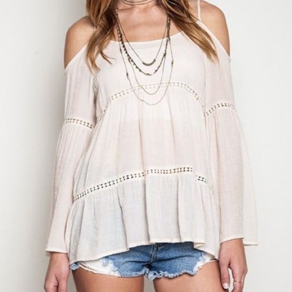 Umgee Beige Sheer Blouse Blush Ivory SoHo Cutout Bohemian Umgee Top
Large Hippie